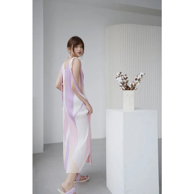 Folded Beach Vacation Dress for Women in the Small Market Summer New Style Sling Style Sweet Color Block Sleeveless Long Dress