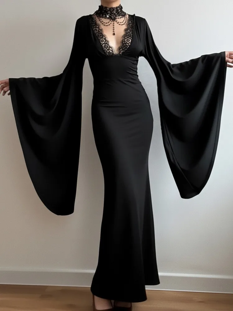 

Новое винтажное платье в стиле панк для Хэллоуина, готическое вечернее платье для женщин, темное ретро-эстетическое, с кружевными вставками, V-образным вырезом, черное, с рукавами «летучая мышь»