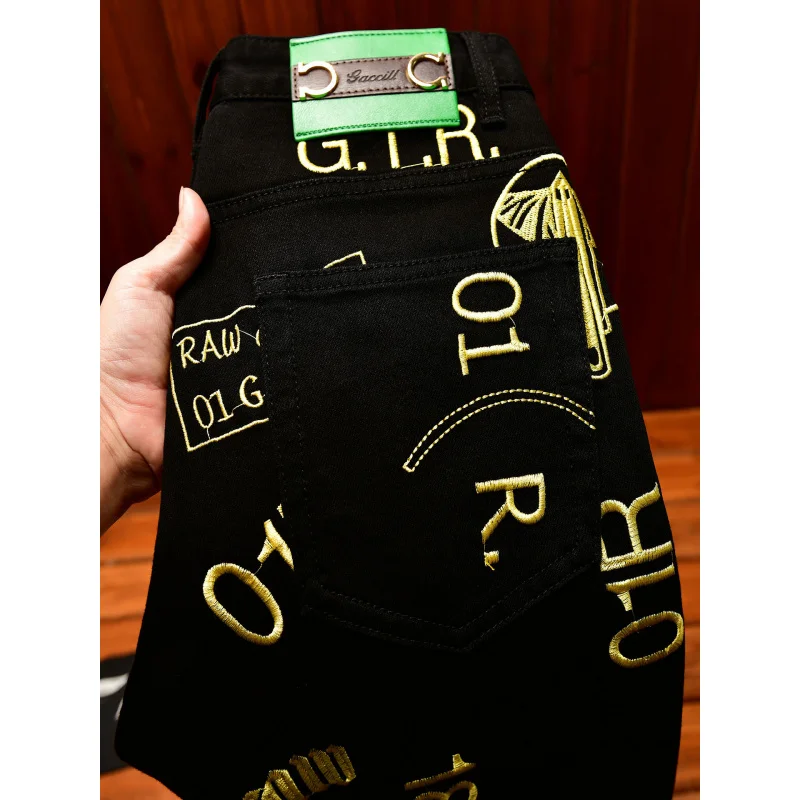 

Light luxury fashion embroidered printed jeans men's black slim fit small feet trendy personality street cool autumn pants