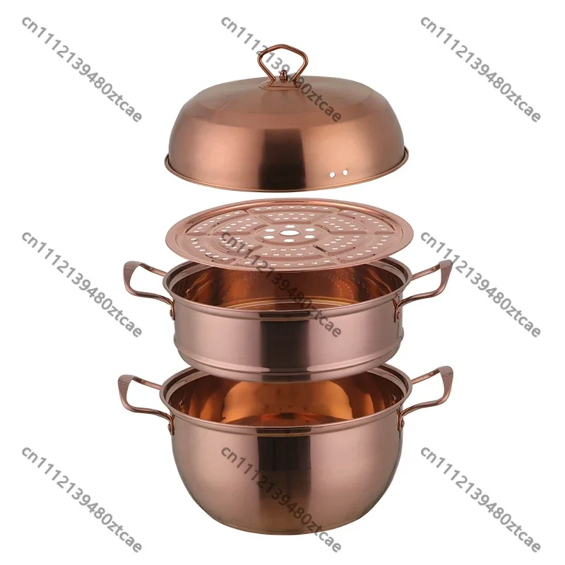 3-Layer Stainless Steel Steamer Pot, Gold Cooking Soup Boiler, Multifunctional Cookware for Gas Stove Kitchen Home Use