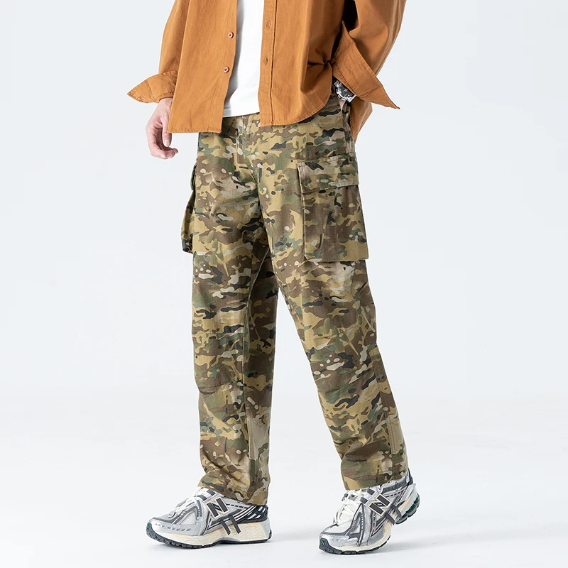 KSTUN Men's American Retro Camo Cargo Pants Elastic Waist Multi Pocket Loose Straight Tactical Casual Work Wear Trousers