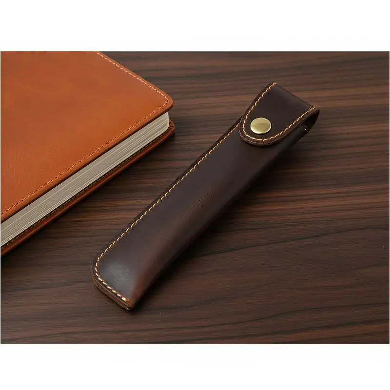 PU Leather Pen Holder Brass Snap Closure Fine Stitching Lightweight Pencil Carry Pouch for Business Trip Office School Gifts