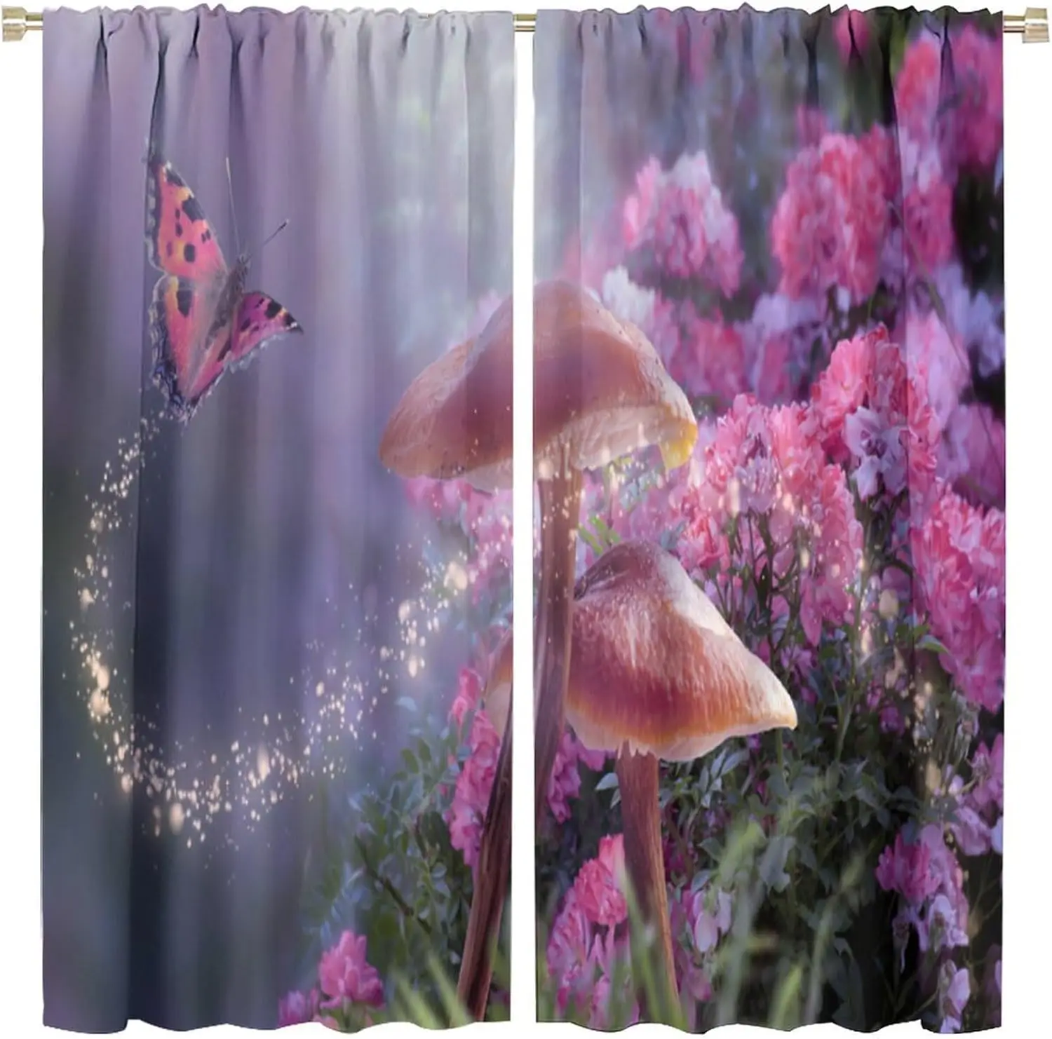 Romantic Mushroom Curtains,Colorful Foggy Fantastic Dreamy Fairy Pink Floral Butterfly, Blackout Rod Pocket Window Treatments