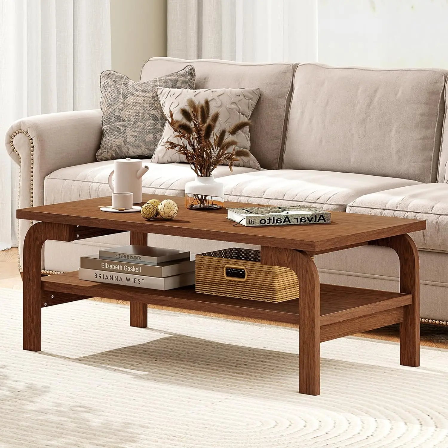 

Журнальный столик в стиле Mid-Century Modern, 47 дюймов, 2-уровневый, с полкой для хранения, прямоугольный винтажный коктейльный столик, на заказ