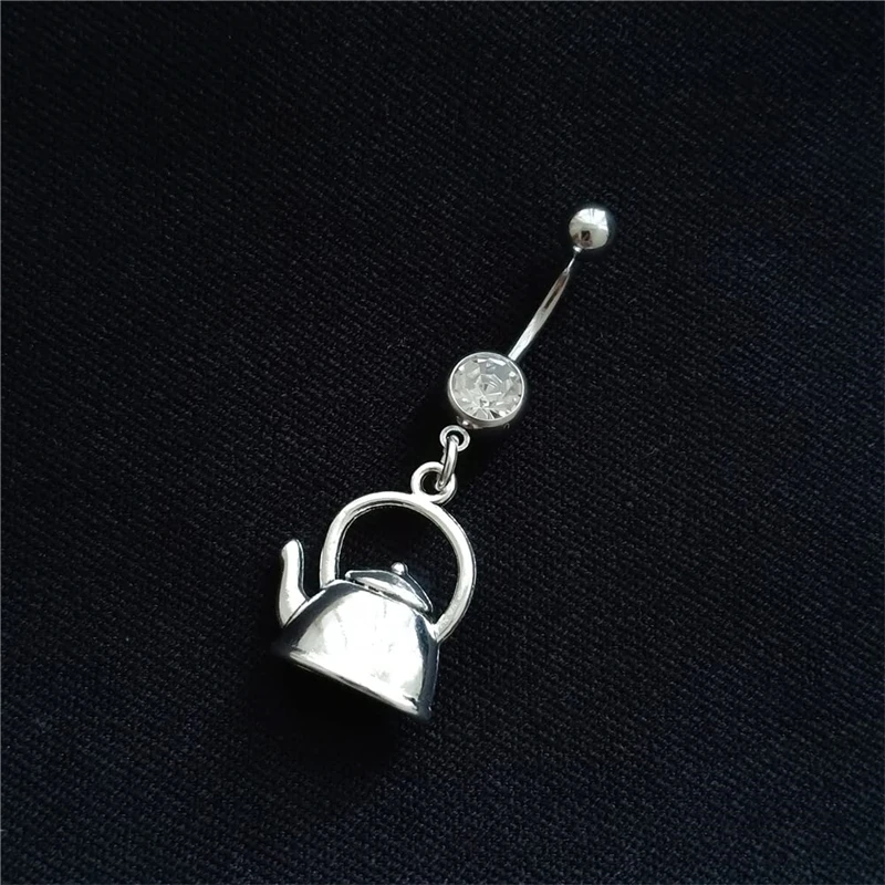 Fun 3D Teapot Dangle Belly Button Ring Tableware Charm Surgical Stainless Steel 14 Gauge Navel Barbell Ring, Ocean Beach Jewelry
