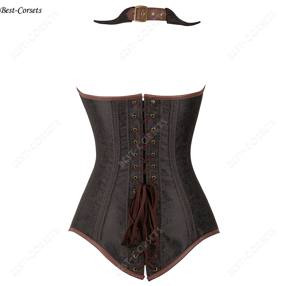 Corsés Steampunk para mujer, corsé gótico de piel sintética, Top Halter con cordones, corsé Noble Medieval con cuello en V