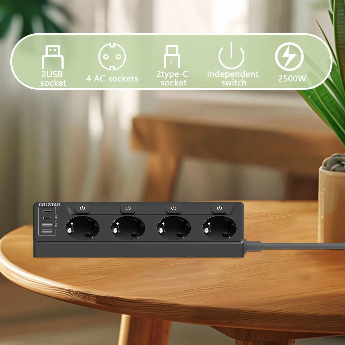 EU Power Strip Multi Electric Socket Network Filter 4 Outlets 4USB Ports Fast Charging 6.5FT Extension Cable Independent Switch