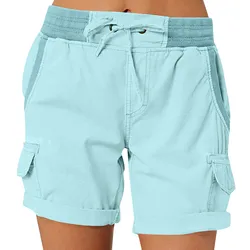 New Fashionable Solid Color High Waist Casual Drawstring Pants With Pockets Daily Soft Denim Fabric Thin Wide Leg Pleated Shorts