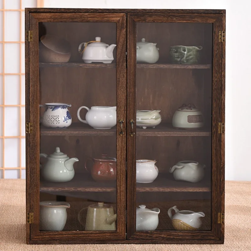 Desktop Tea Set Storage Shelf, Dustproof Glass Cosmetics Display Cabinet, Solid Wood Charcoal Baking Process, Insect Prevention