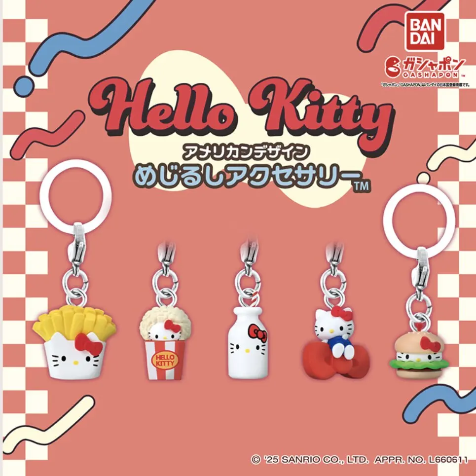 

Original Bandai Hello Kitty American Design Mejirushi Accessory Sanrio Blind Box French Fries Popcorn Keychain Collectible Toys