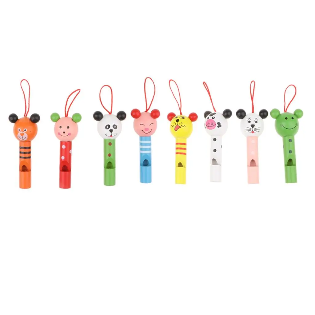 Set of 8pcs Wooden Animal Head Whistles Flute Child Instrument Sound Toys