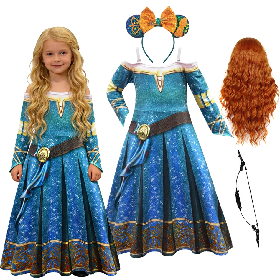 Girl Brave Carnival Clothes Kids Sparkly Blue Green Costume Set with Wig Headband Prop for Party Dress Up Halloween Costume