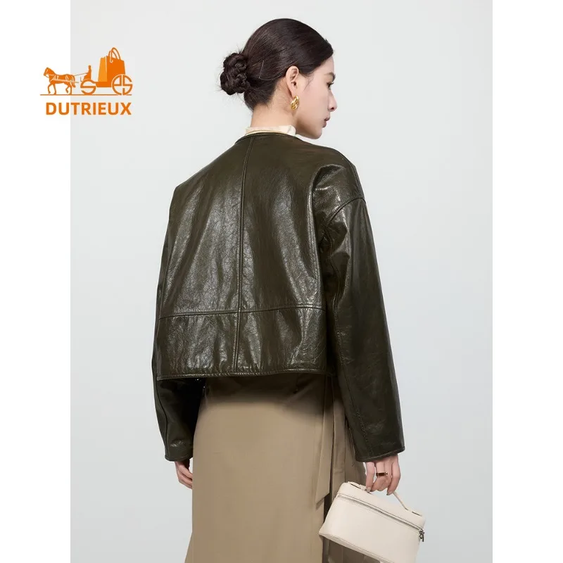 Giacca da donna in vera pelle con collo rotondo corto autunno inverno double face, vera pelle di pecora al 100%, cappotto elegante alla moda per donna