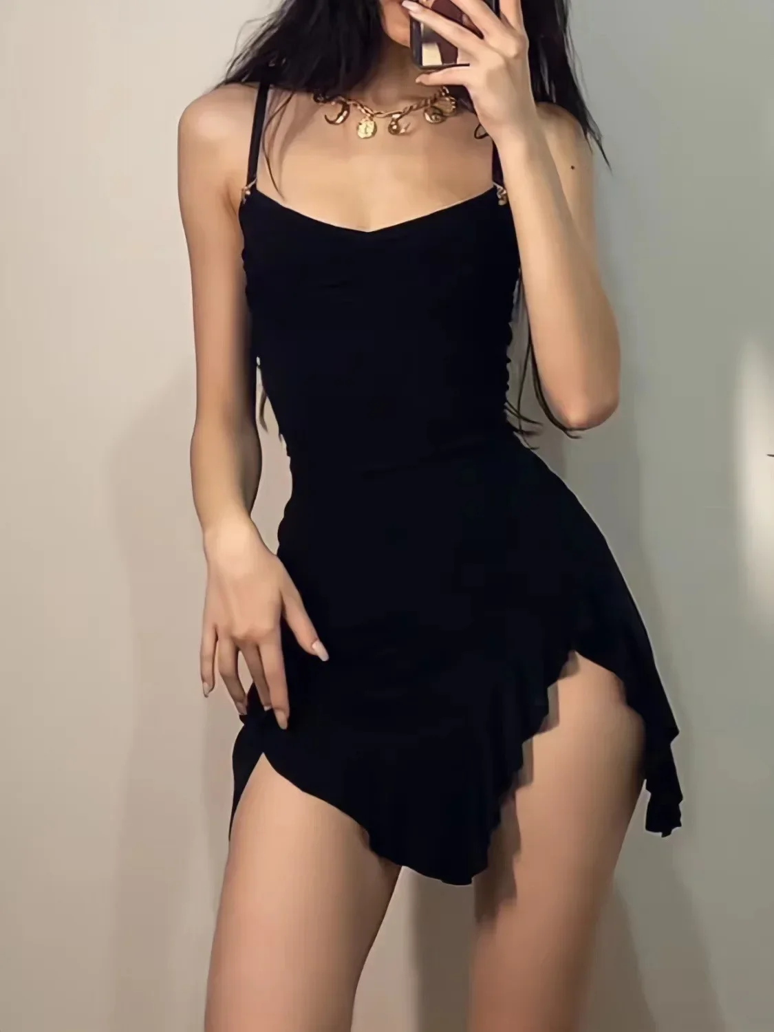 

Sexy Black Dress Women Summer Bodycon Spaghetti Strap Mini Dress Sleeveless Irregular Vintage Streetwear Ruffle Sundress