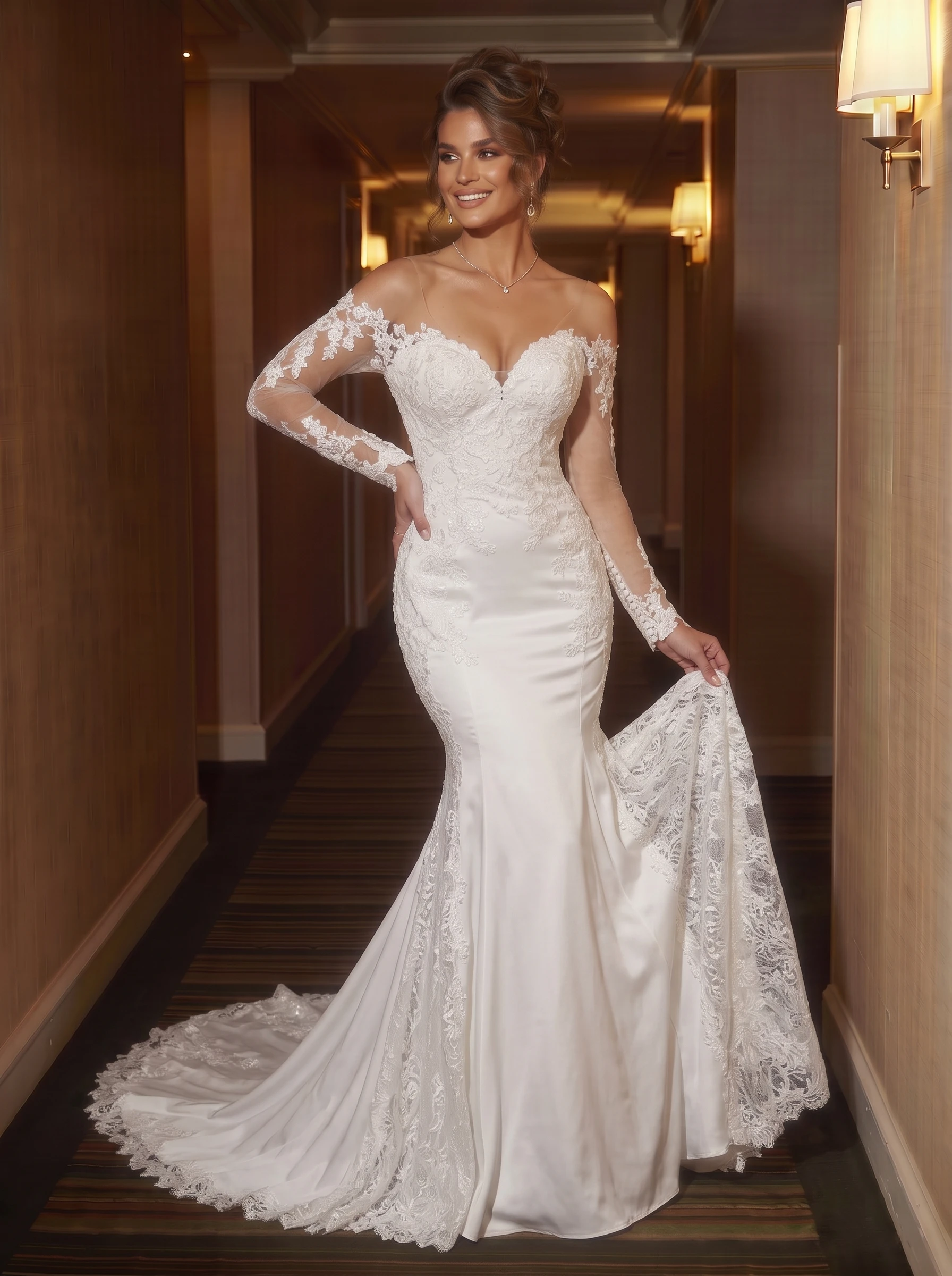 Off-the-Shoulder Satin & Lace Mermaid Wedding Dress with Long Lace Sleeves, Draped Bodice and Scalloped Train Bridal Gown