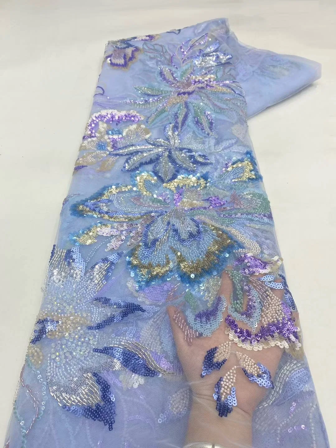 

2025 African Nigerian High-Quality Sequins Embroidery Tulle Lace Fabric 5 Yards Sewing Beads Stone for Prom Dresses