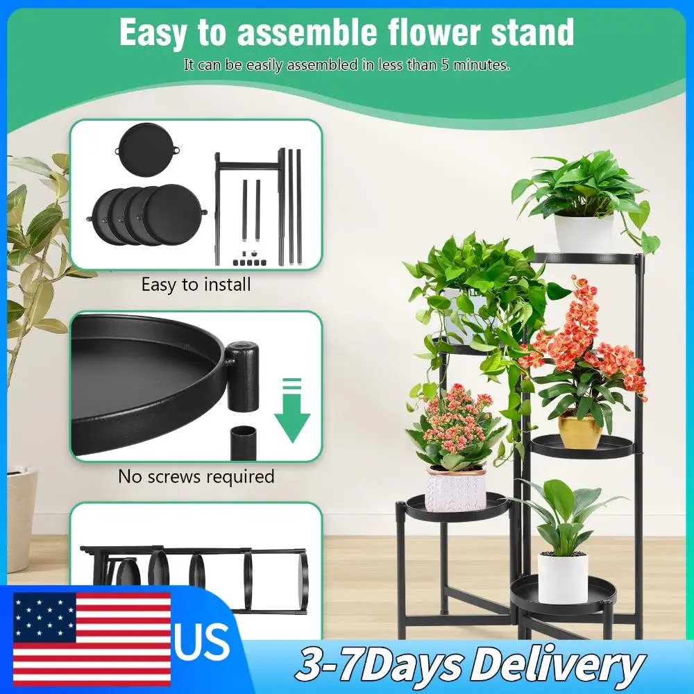 

5-ярусная складная подставка для высоких растений с широким поддоном, многоуровневый стеллаж для цветочных горшков, напольный, для гостиной/балкона