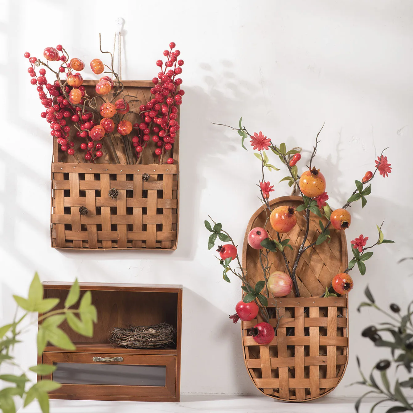 Creative Storage Basket Indoor Wooden Hanging Basket Wall Mounted Flower Decoration Rural Style Homestay Wall Decoration Supply