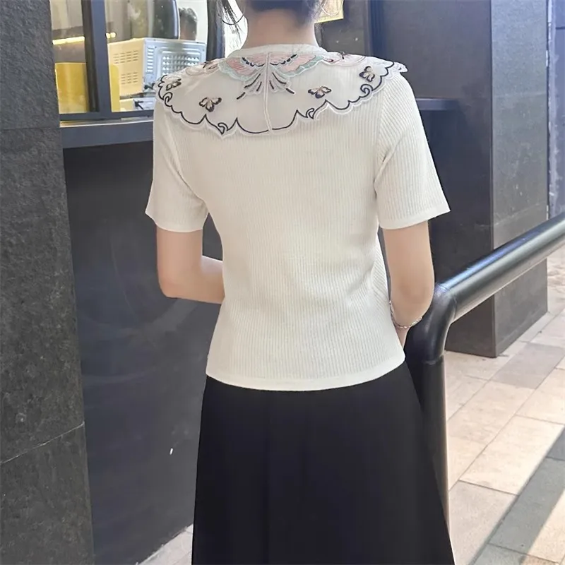 Design Vintage Summer Split Knit Tshirts New Chinese Style Butterfly Embroidered Collar Camisetas Tops Women Knitwear Jumper Tee