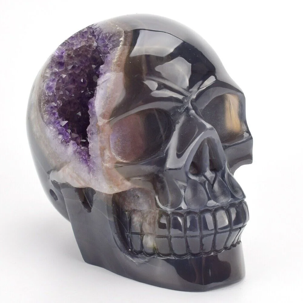 

Natural Geode Agate Skull Energy Gemstone, Reiki Healing Room Decoration, Office Furniture Collection, Hand Carved and Polished