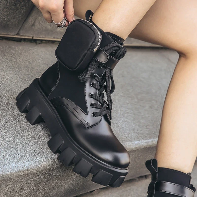 Preto punk tornozelo grosso-sola motocicleta ankle boots feminino laço-up primavera grosso calcanhar cinto fivela bolso designer chunky sapatos