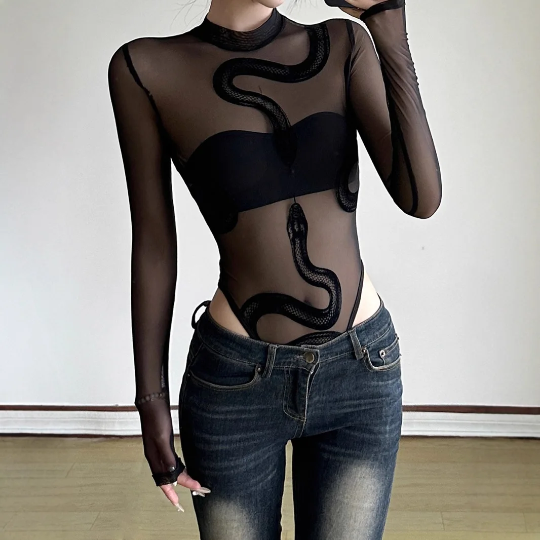 

Sexy See-tough Floing Snake Print Onesie Me Fabric High Ne Long Sve Design Low Waist Metal Tead Low-rise Pants