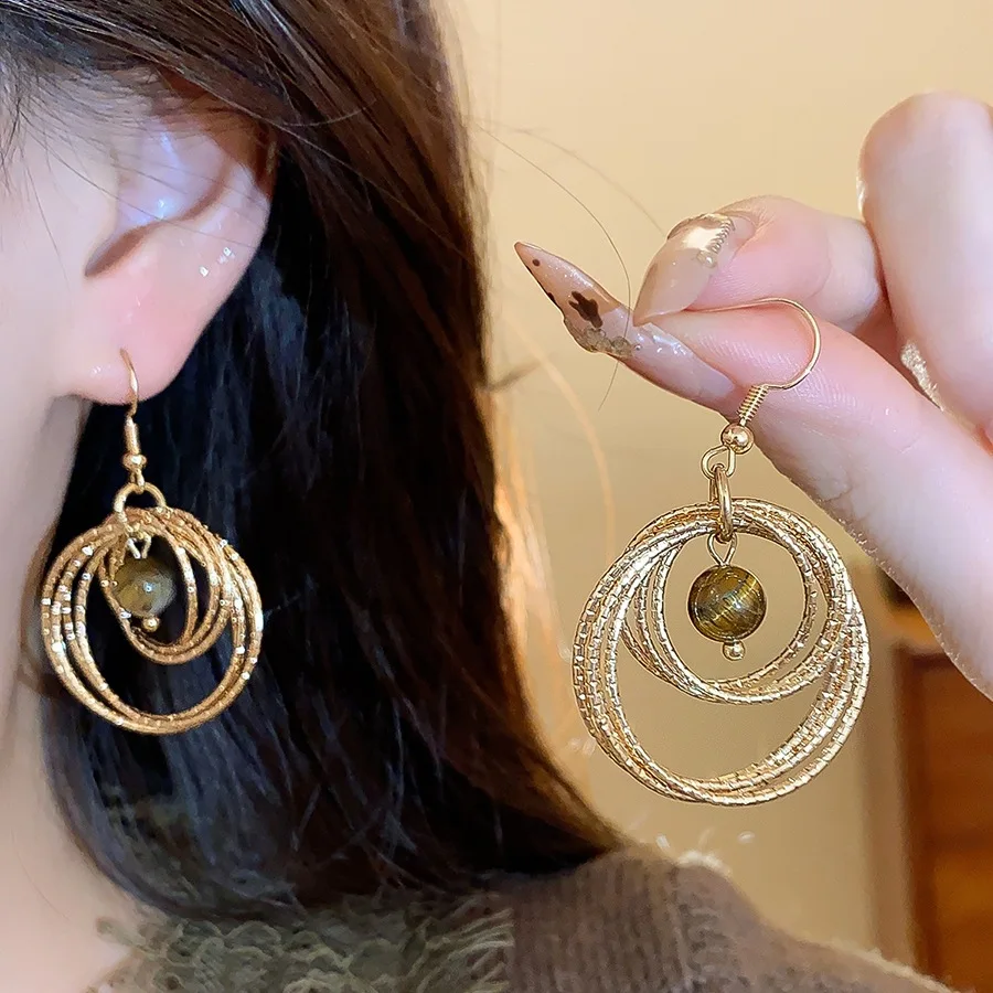 Gold Textured Spiral Multi-Layer Drop Earrings (Tiger Eye Gem + Drop Design) Trendy Women Accessorykorean Fashion Jewelry