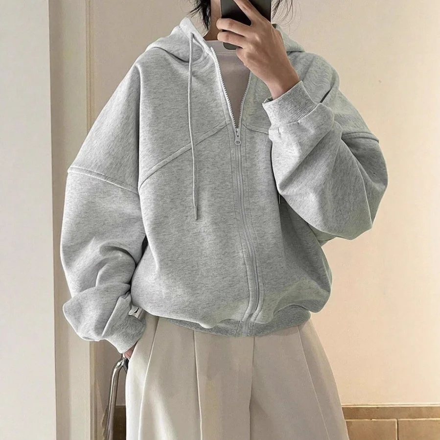 سترة صوفية فضفاضة للفتيات على طراز كسول للخريف والشتاء، سترة رياضية أمريكية وترفيهية بغطاء للرأس بطبقة هوائية للنساء