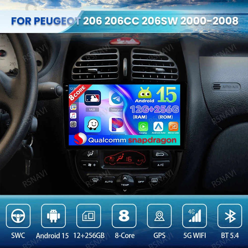 

Android 15 Car Radio For PEUGEOT 206 206CC 206SW 2000-2008 Stereo Navigation 5G WIFI BT 4G LTE Head Unit GPS QLED DVD Qualcomm
