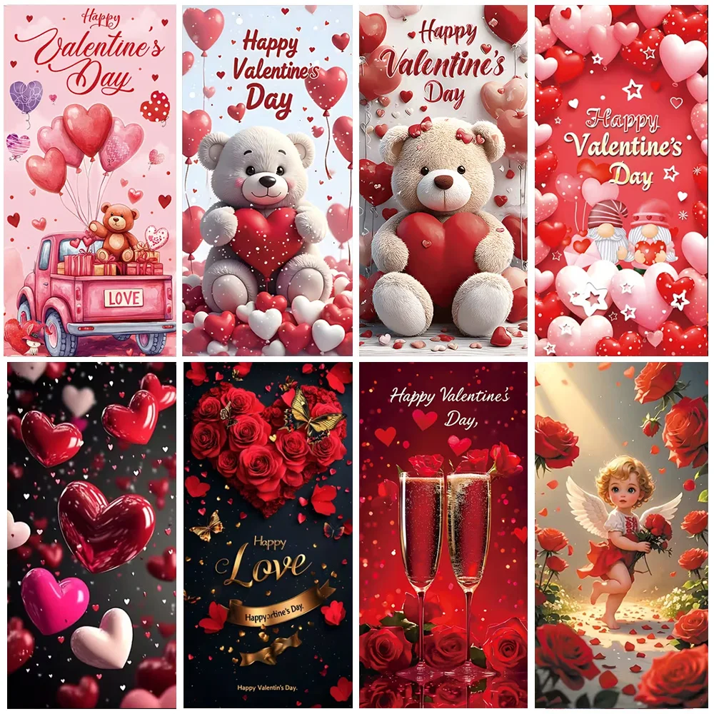 

Romantic Valentine's Day Decorations Heart And Bear Door Banner Cupid Wedding Photography Backdrops Couple Anniversary Supplies