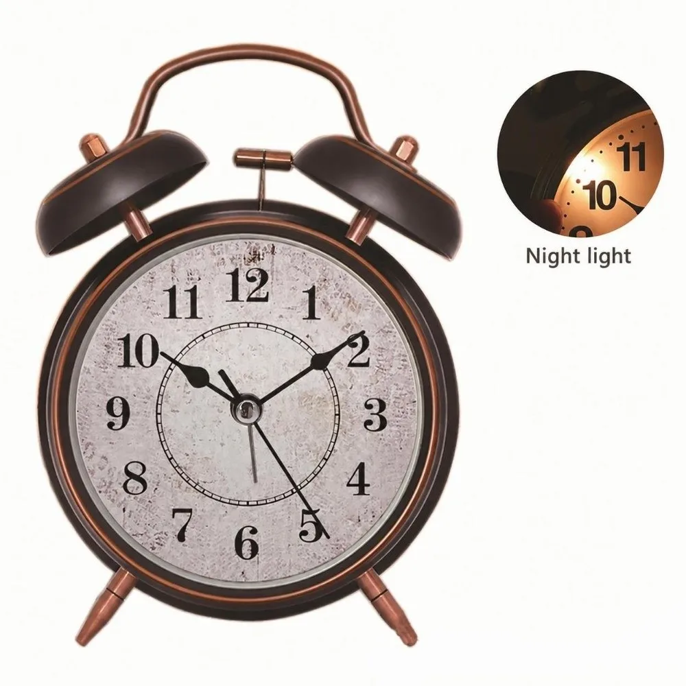 4 Inch Retro Alarm Clock Black&Gold with Night Light Desktop Clock Stable Feet Silent Movement Ringing Alarm Clock Office Desk