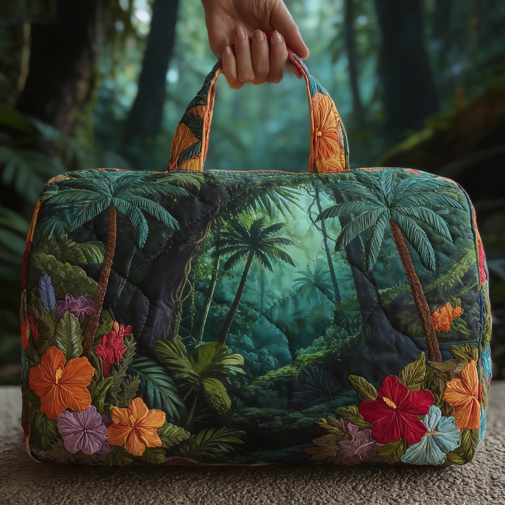 

Mystery Tropical Jungle Palm Tree Quilted Duffle Bag Large Capacity Weekender Travel Handbag for Vacation Beach Trip