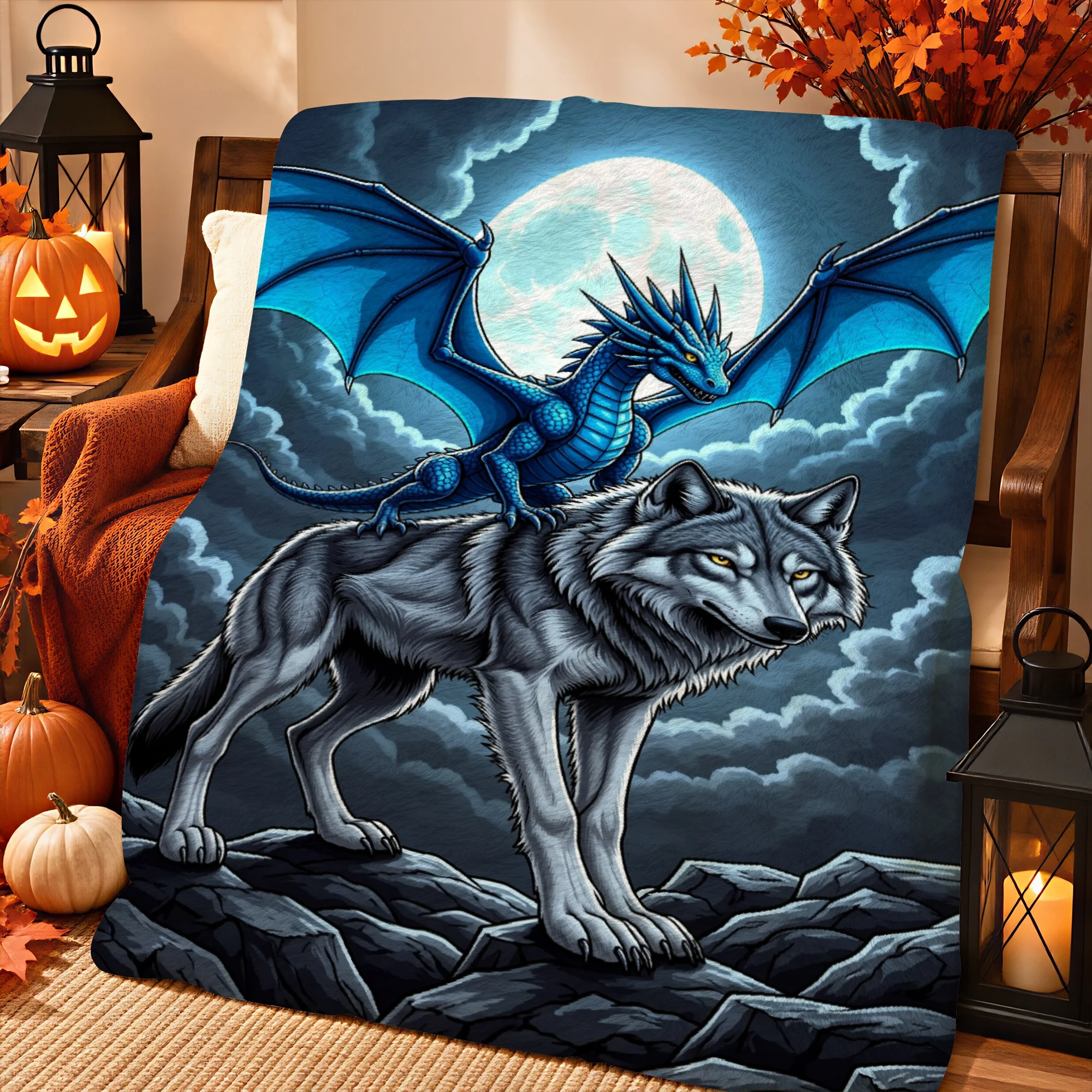 1pc 2D Printed Blue Dragon Riding Gray Wolf Under Full Moon Night Cliff Halloween Throw Blanket Soft Warm for Sofa Bed Recliner