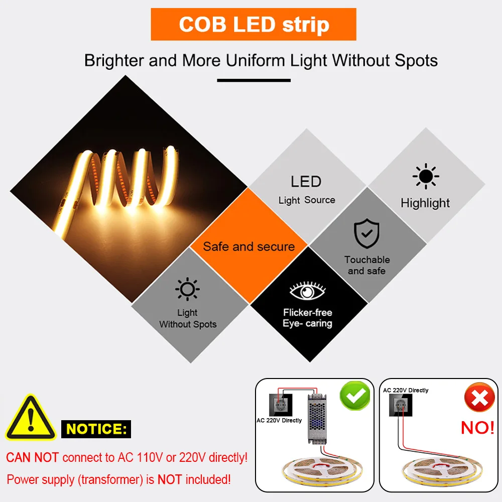 24V 12V COB LED Strip Light Tape 5/8/10mm Width 312 480 528 LEDs Dimmable Flexible Ribbon LED Bar Lamp 3000K 4000K 6000K 5m 10m