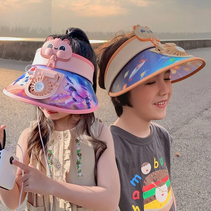 Kids Sunhat with Fan Large Sun Protection Adjustable Children Sun Protection Hat Outdoors USB Fan Sun Hat Cartoon Baby Visors