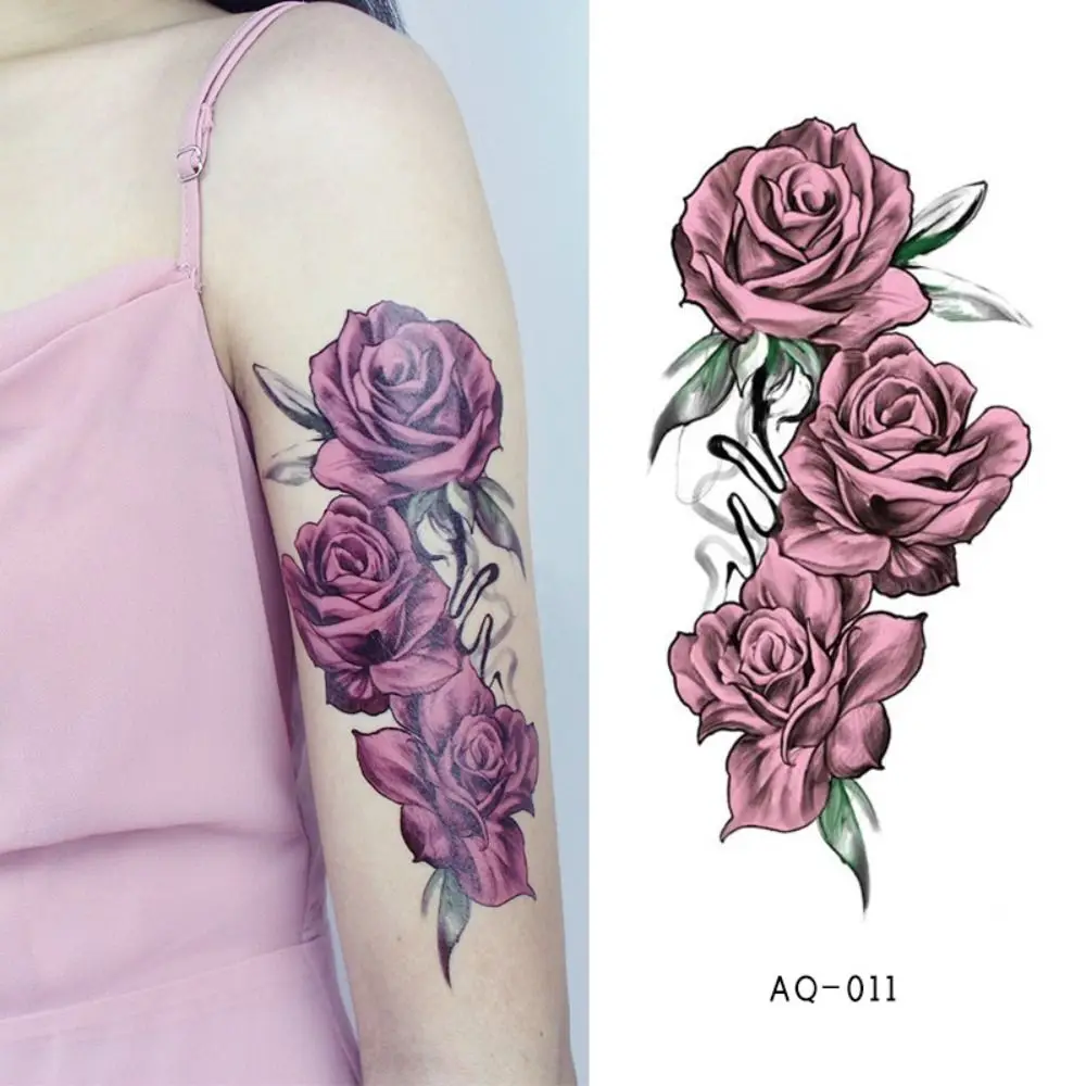 Diferentes estilos, pegatina de tatuaje de brazo Floral, rosa colorida, mariposa, brazo, flor, estaño, palo de tatuaje, flor de boceto temporal