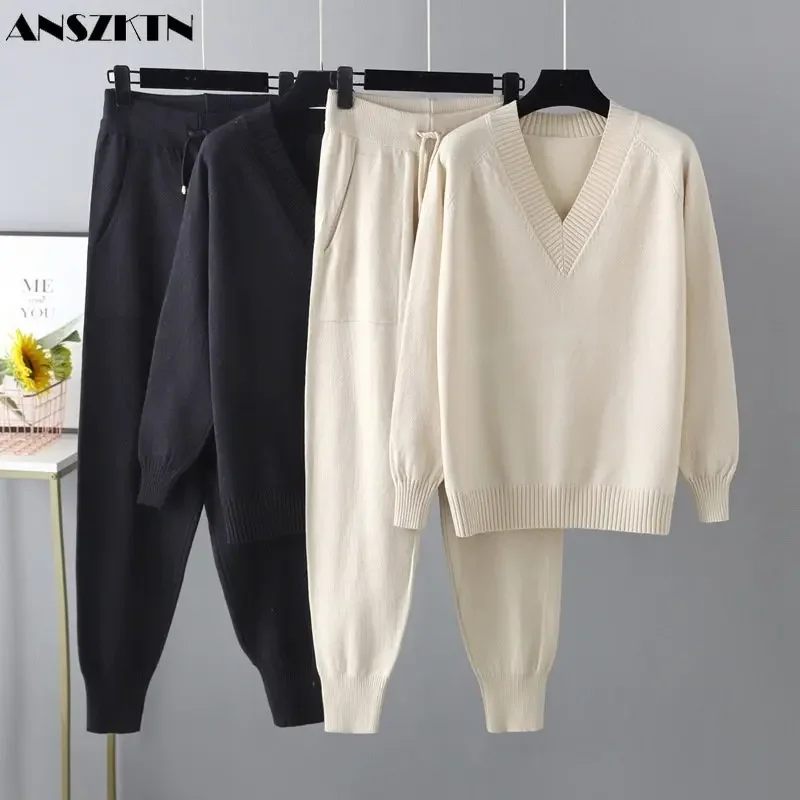 ANSZKTN Casual Yarn Wool Knitting Wide Leg Pants Women Clothing Solid Casual Womens Rib Knitted Two Piece Fall Sweater Set