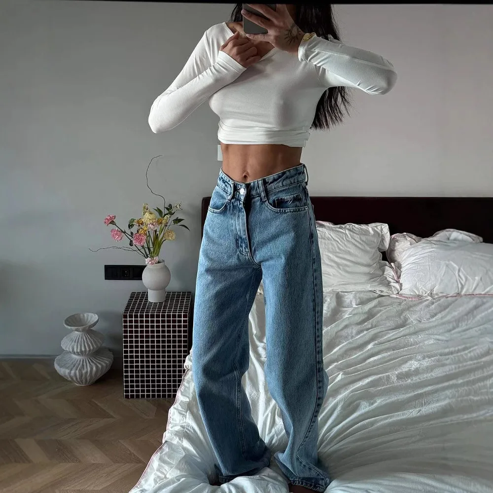

Europe and the United States new retro classic high waist loose slim jeans washed blue street wide-leg pants women
