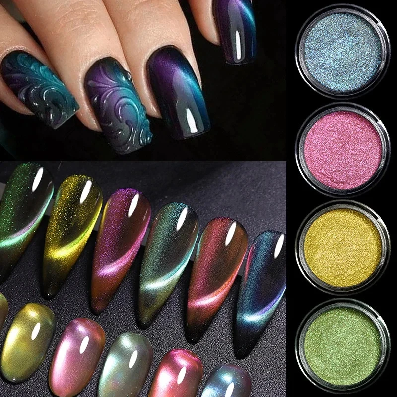 Poudre à ongles magnétique caméléon 9D, 1fig, 0.5g, yeux de chat, holographique, chrome, nail art, pigment, poussière, paillettes, ciel étoilé, décoration