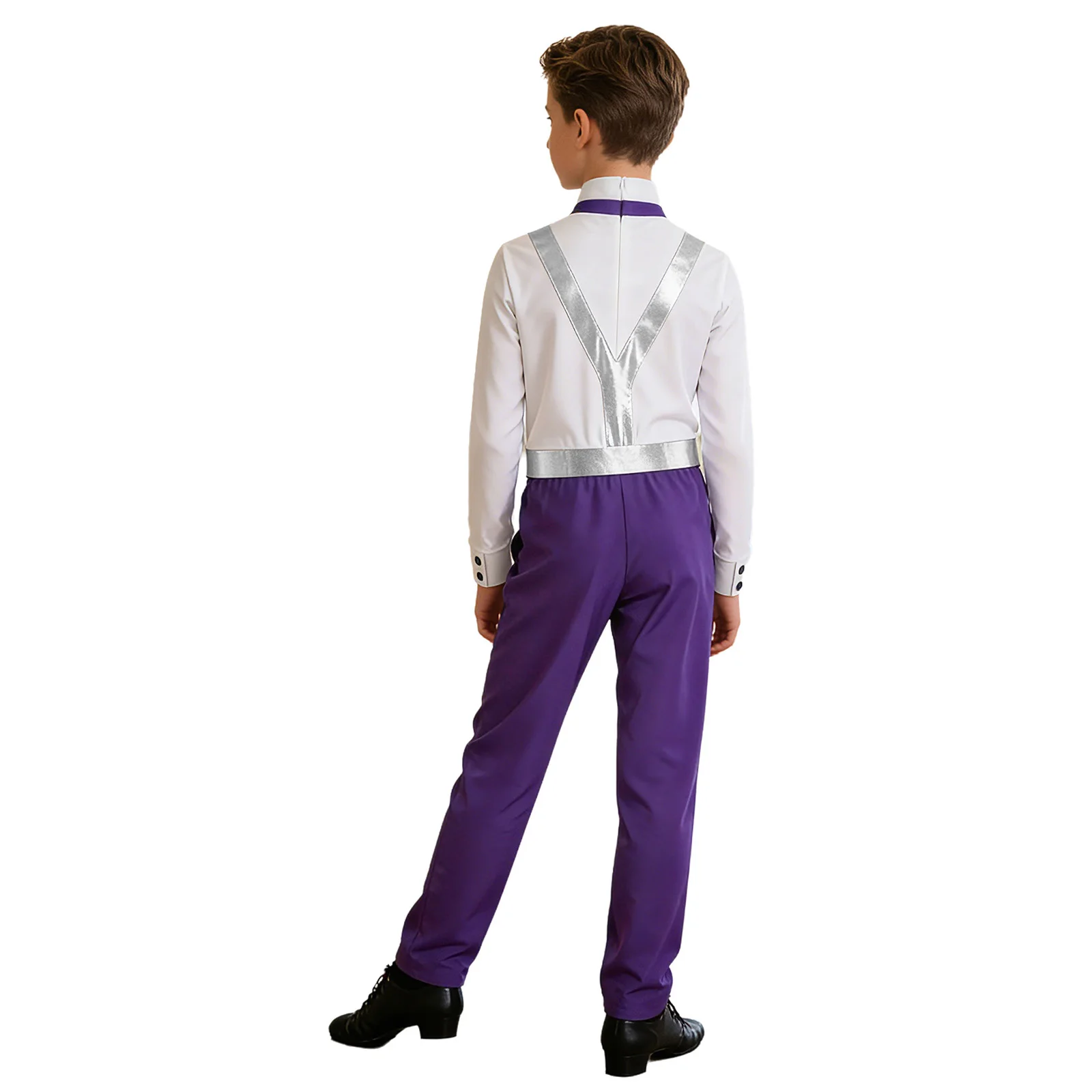 Kids Boys Tango Salsa Latin Dance Jumpsuit Bow Tie Collared Long Sleeve Metallic Bodysuit Modern Ballroom Performance Costume