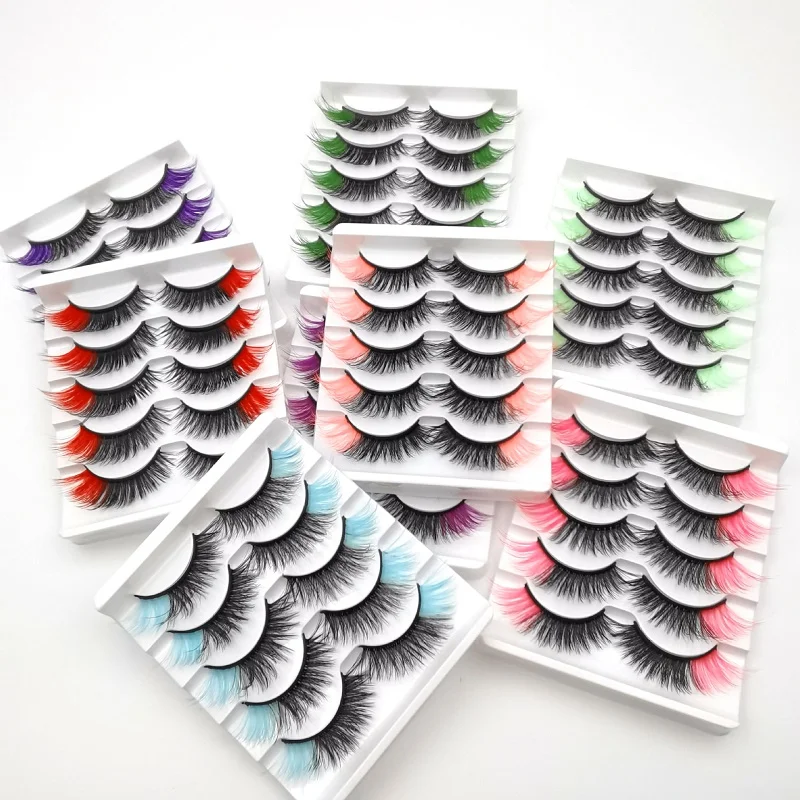 5 Paar Gekleurde 3d Nerts Wimpers Rood Roze Blauw Mix Kleuren Lash Set Groothandel Regenboog Wimpers