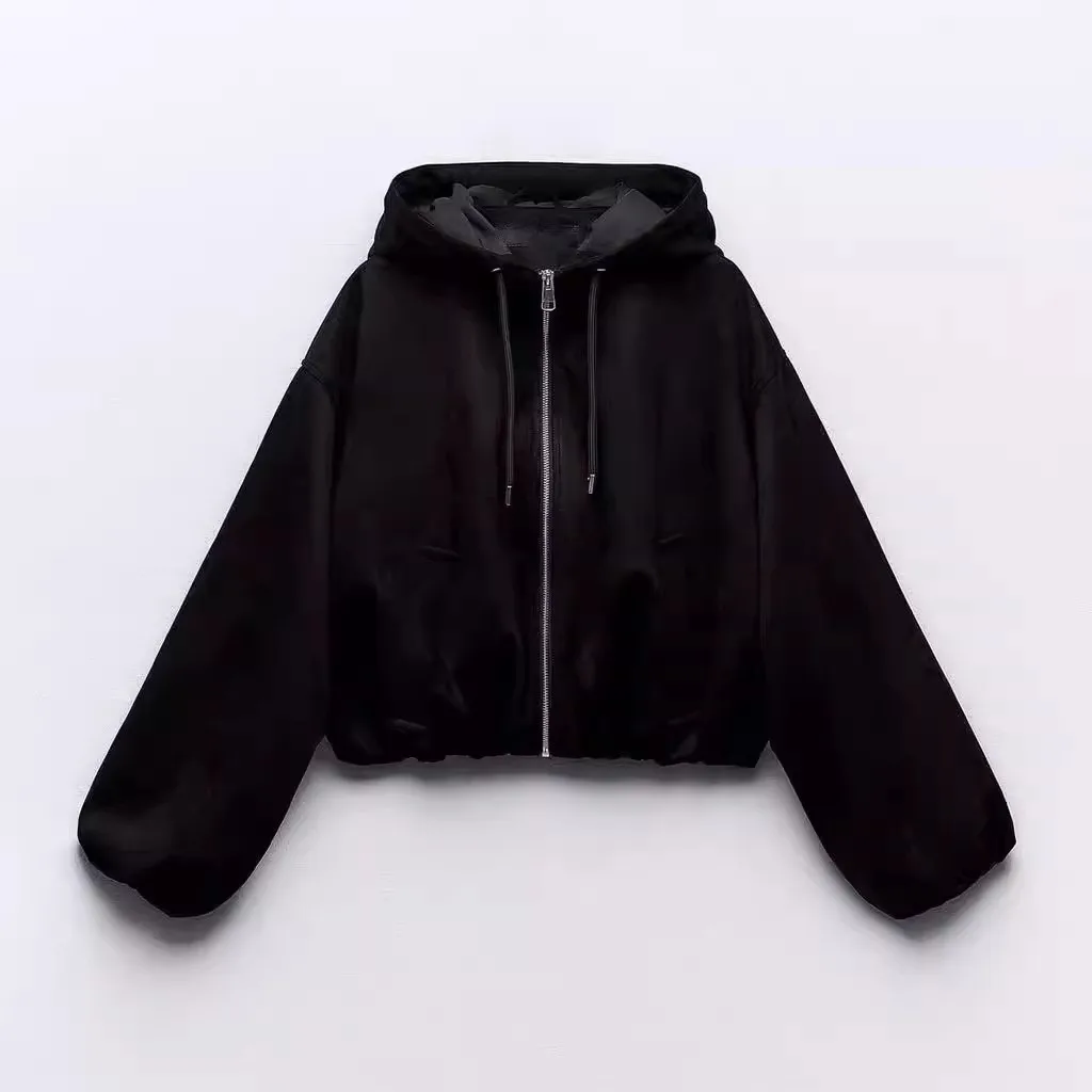 سترة نسائية قصيرة جديدة للخريف من الجلد الصناعي مع غطاء للرأس 30833 72 بأسلوب عملي وإغلاق بسحاب وأكمام طويلة وتصميم فضفاض #3