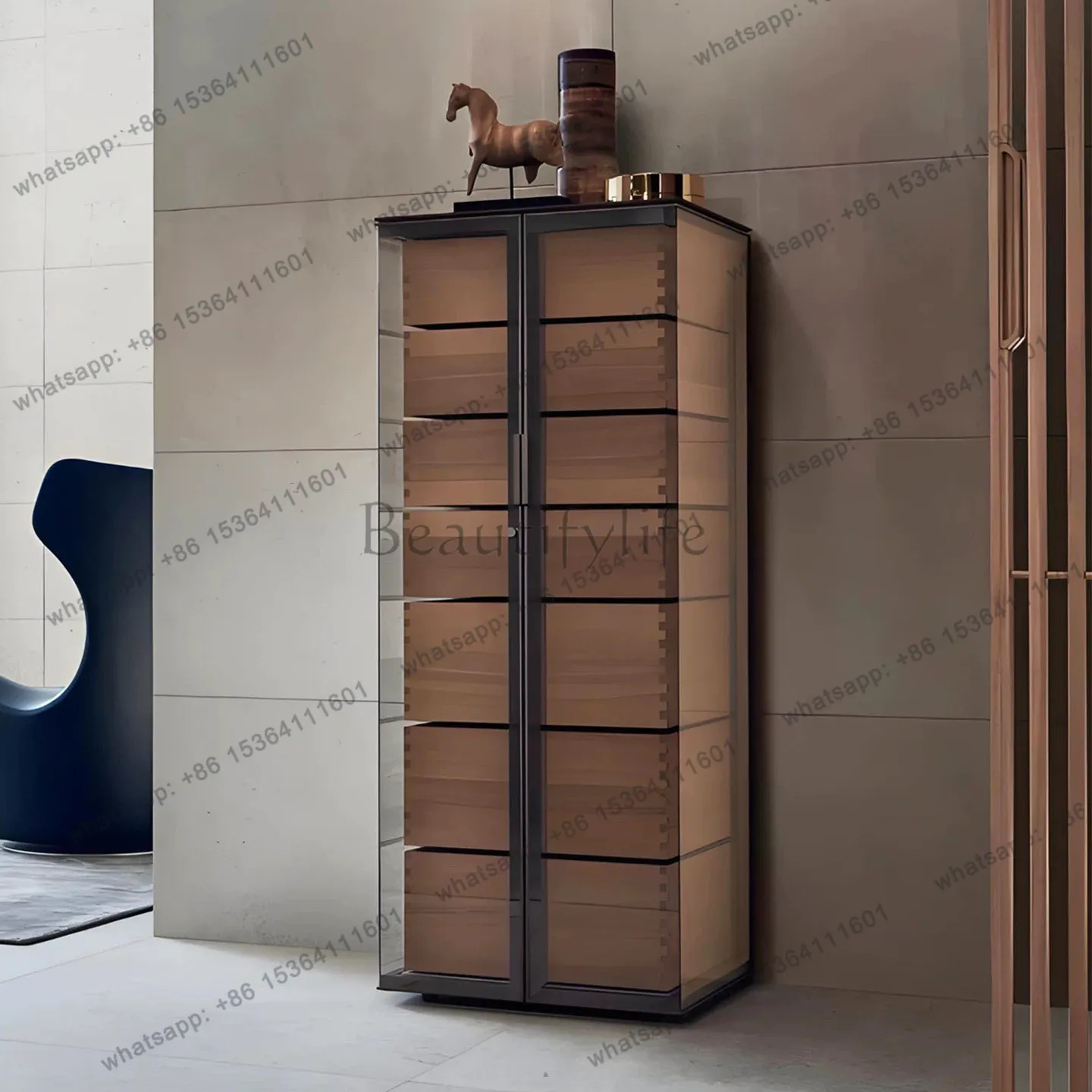 Italian minimalist seven-chest cabinet bedroom storage wooden door modern tempered glass drawer storage cabinet