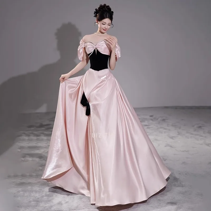 كوريا الأميرة الوردي قبالة الكتف فساتين السهرة صورة تبادل لاطلاق النار الأكمام Bowknot الحرير الساتان فساتين حفلات الزفاف فستان الحفلات 2025 جديد