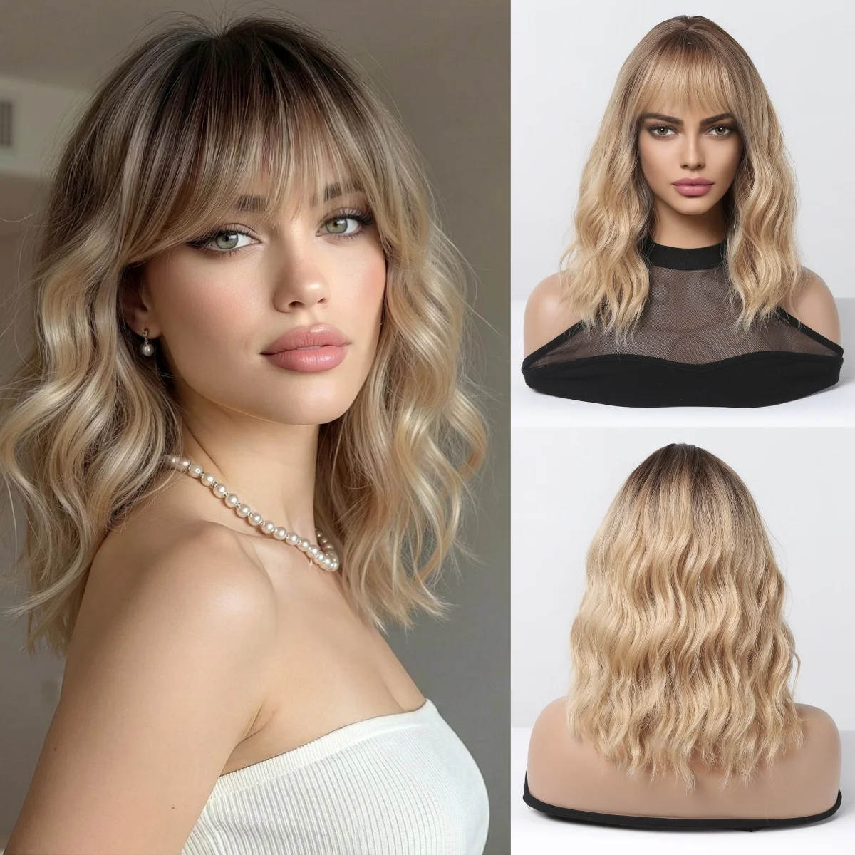 

Короткие светлые коричневые волнистые синтетические парики с челкой Парик с темным корнем для женщин Ежедневное использование для вечеринок Натуральные волосы Термостойкое волокно