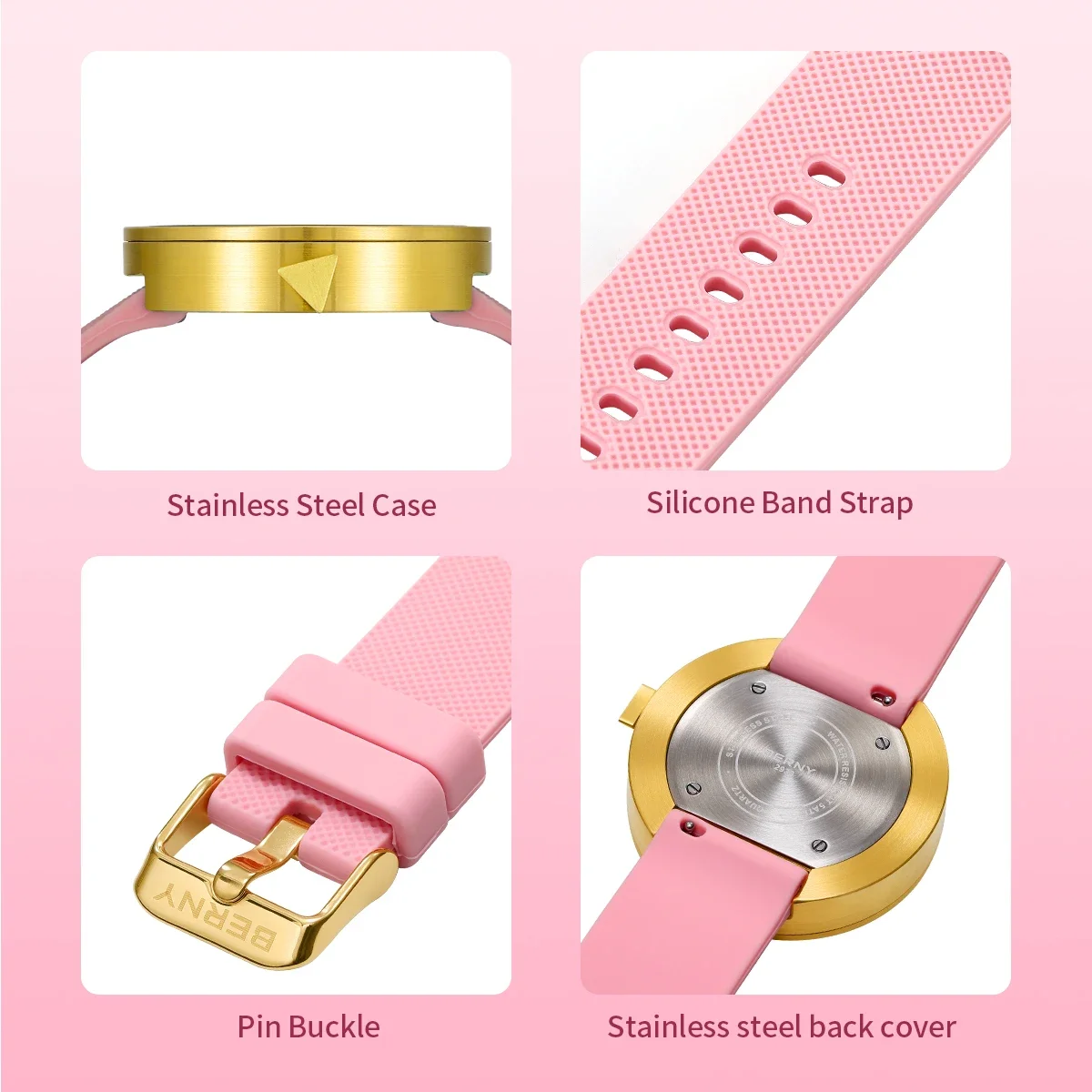 BERNY Relógio para Mulheres Simples Luminoso RailRoad Dial Safira Quartzo Relógio de Pulso Moda Casual Senhoras Relógios de Aço Inoxidável
