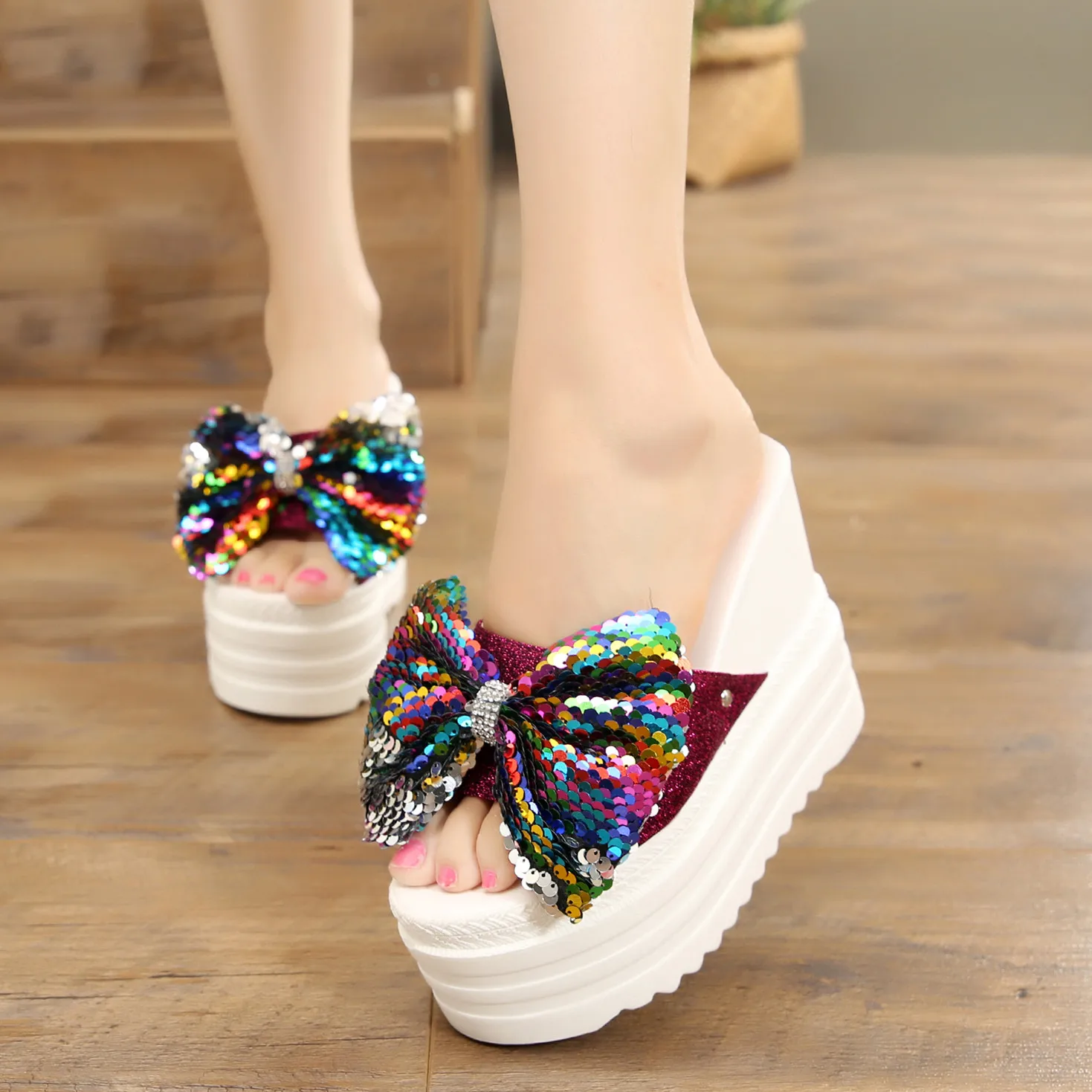 Butterfly-Knot Shoes Slippers Casual Slipers Women Platform Heeled Mules Slides On A Wedge Luxury Summer 2024 High Cotton Fabric