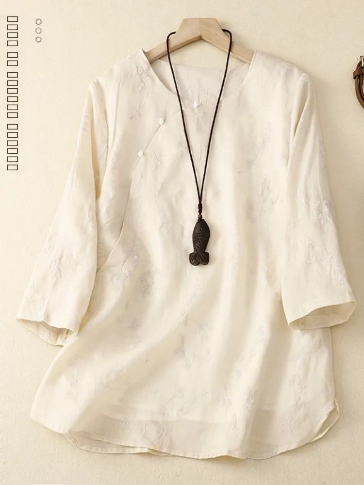 

Retro Chinese Embroidered irt Women's Loose Large Size High End Linen Seven Sve Tops Commute Sle round Ne Cotton Blend