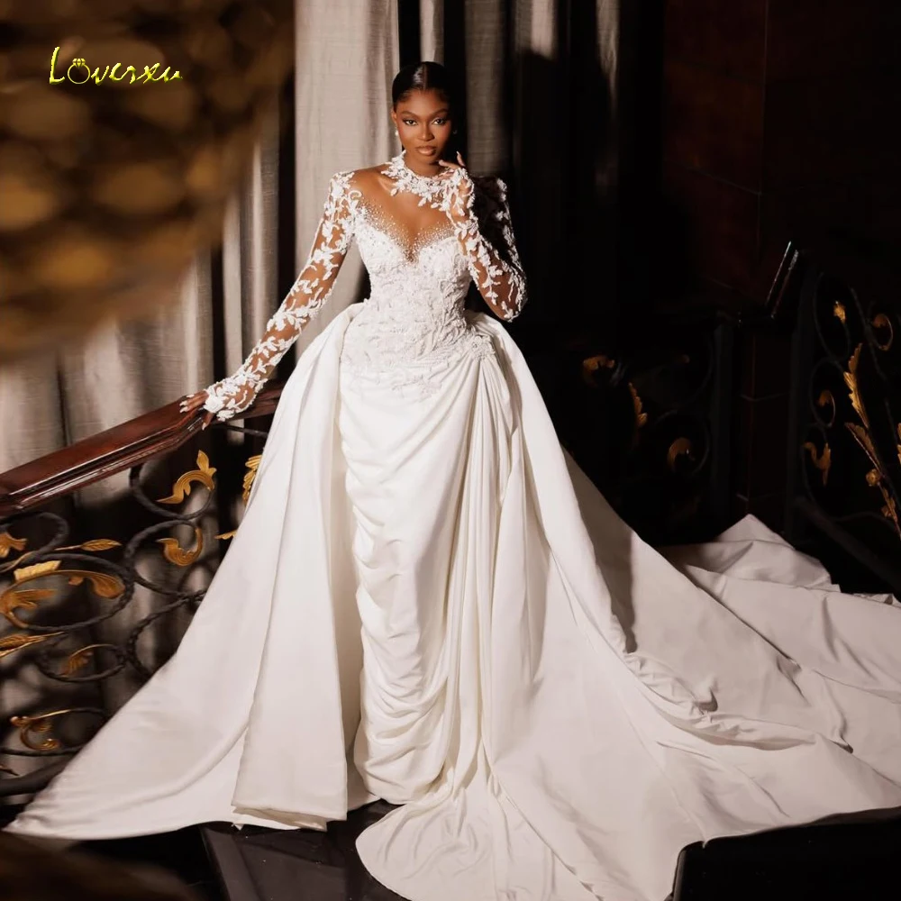 Loverxu Mermaid Sexy Wedding Dresses High Neck Long Sleeve Vestido De Novia Matte Satin 2 In 1 Vintage Custom Made Bridal Gown