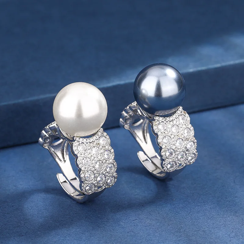 

New jewelry copper-plated platinum ring with pearls, stylish and unique women's ring 14mm wholesale